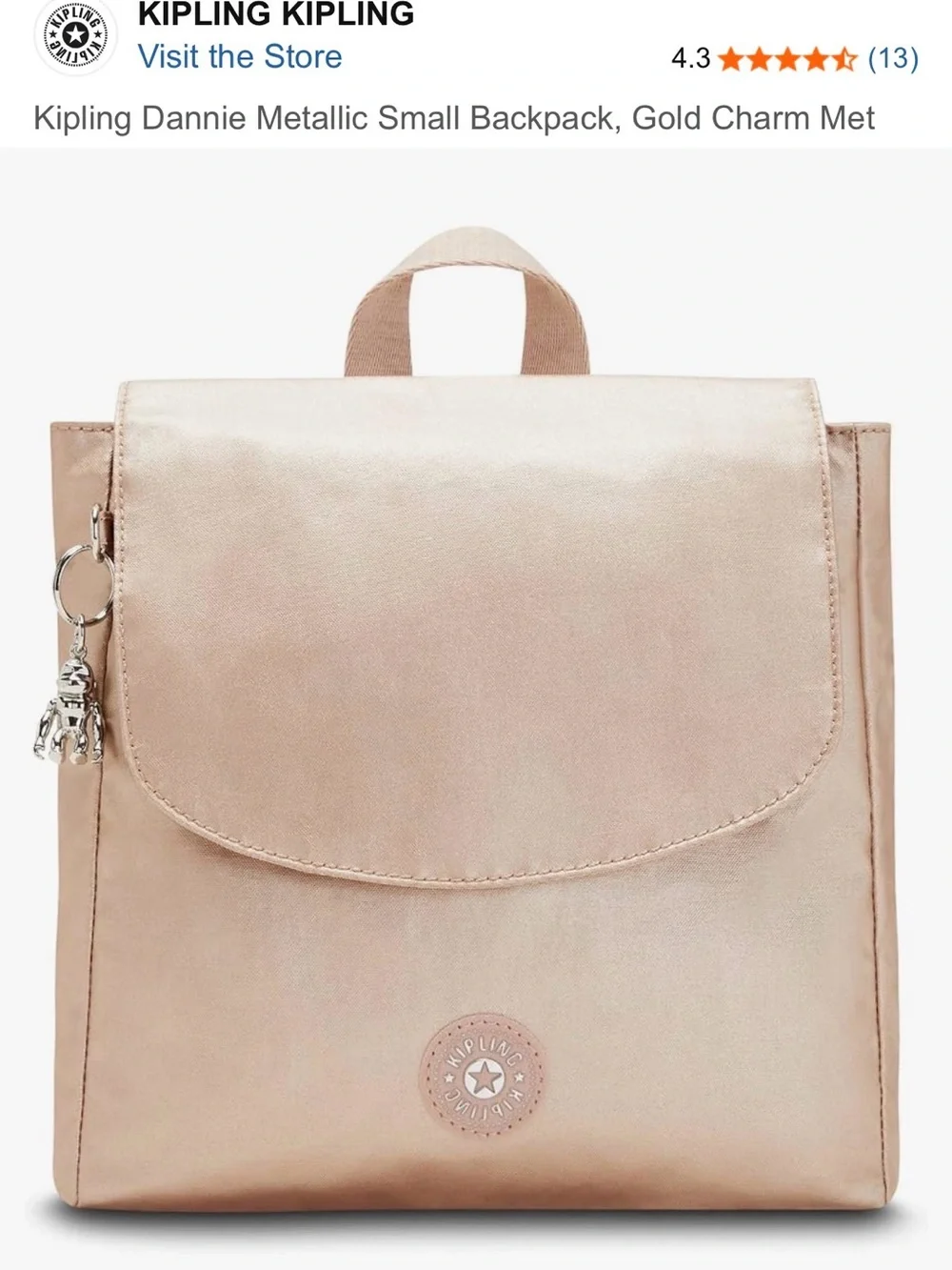 Kipling Dannie Metallic Small Backpack Gold Charm Metallic Convertible Bag